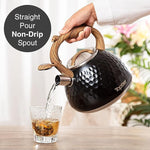 Load image into Gallery viewer, Tea Kettle, Toptier Teapot Whistling Kettle with Wood Pattern Handle Loud Whistle, Food Grade Stainless Steel Tea Pot for Stovetops Induction Diamond Design Water Kettle, 2.7-Quart Black