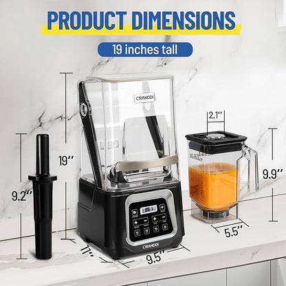 CRANDDI Commercial Smoothie Blender, 2200W High-Power Smart Blender with 4 Pre-Programmed Cycles, Professional Blenders with Removable Shield, 52oz BPA-free Jar, Upgraded Blade, K80 (Black)