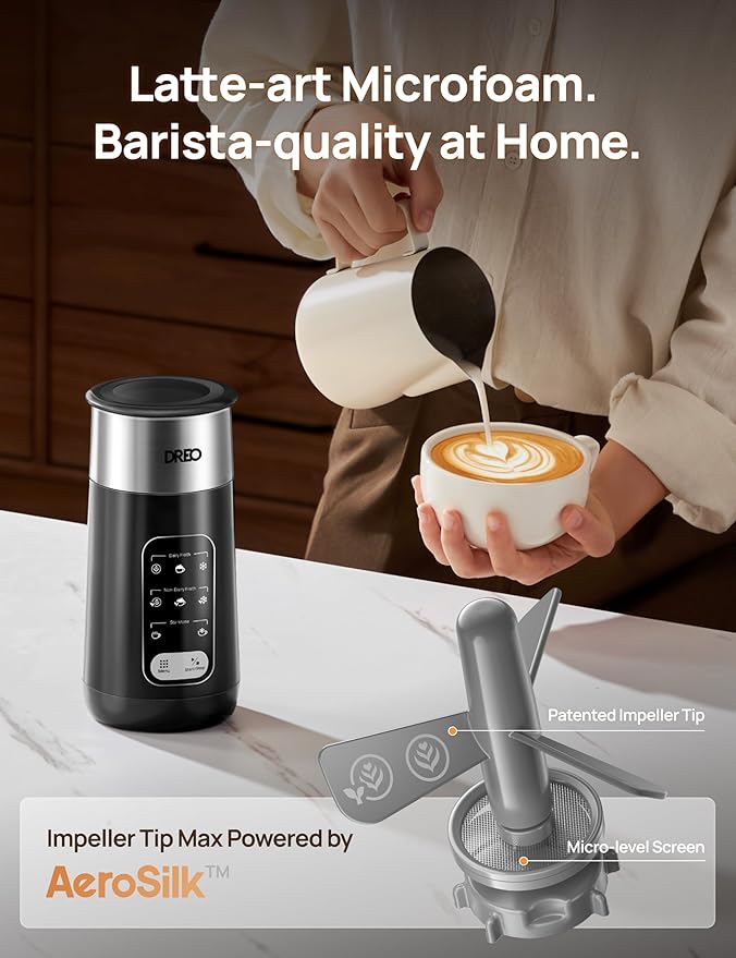DREO 8-in-1 Milk Frother [Upgraded], Electric Stainless Steel Frother for Latte Art Microfoam and Coffee, 9oz/270ml Warm and Cold Foam Automatic Frothers, LED, Easy to Clean
