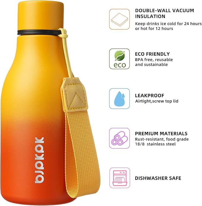 BJPKPK Insulated Water Bottles, 12oz Stainless Steel Metal Water Bottle with Strap, BPA Free Leak Proof Jugs, Mugs, Flasks, Reusable Thermal Flasks for Sports & Travel, Sunset Orange