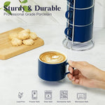 Load image into Gallery viewer, 10 Ounce Blue Porcelain Stackable Cappuccino Cups with Stainless Steel Holder, Set of 4, Durable Ceramic, Perfect for Home, Office or Gift