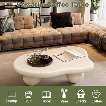 Cloud Coffee Table for Living Room with Round Corners Modern Style Center Table with 3 Ball-Shaped Legs Wood Tea Table for Small Space Apartment Easy Assembly (White W48 * D36 * H14inch)