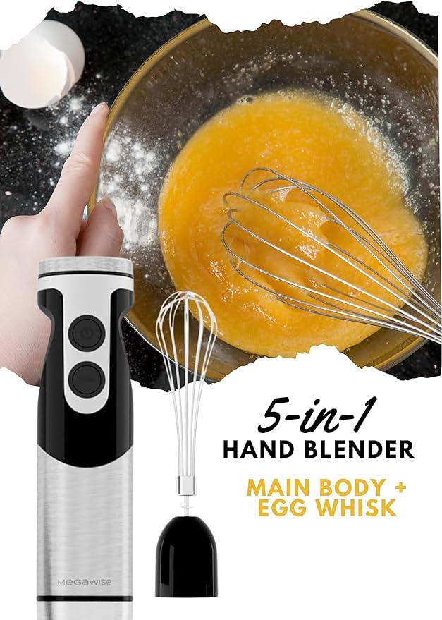 MegaWise Pro Titanium Reinforced 5-in-1 Immersion Hand Blender, Powerful Motor with 80% Sharper Blades, 12-Speed Corded Blender, Including 500ml Chopper, 600ml Beaker, Whisk and Milk Frother (Black)