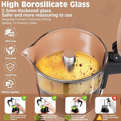Induction Moka Pot, 4 Cups (7.1 oz) Crystal Glass-Top & Stainless Steel Moka Pot, Classic Stovetop Espresso Maker, Black