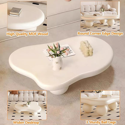 Cute Cloud Coffee Table, Modern Coffee Tables for Living Room, Easy Assembly, Round Edge Irregular Tea Table End Table, Funky Contemporary Low Coffee Table for Bedroom,White Cloud a,L41