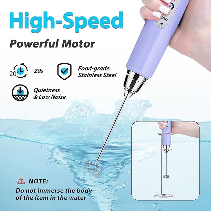 Milk Frother with Stand Rechargeable- Handheld Coffee Frother with 3 Stainless Whisks 3 Speed Adjustable, Electric Whisk Drink Mixer, Foam Maker Blender for Matcha Latte Cappuccino Chocolate