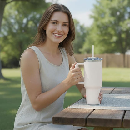 COKTIK 40 oz Tumbler With Handle and Straw Lid, Vacuum Insulated Travel Coffee Mug Stainless Steel Insulated Cup for Beverages, Leak-proof, Cupholder Friendly (Beige)