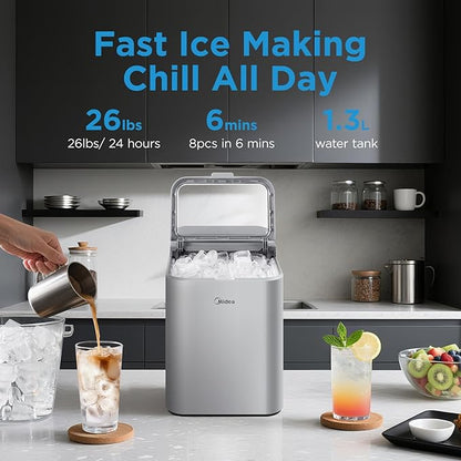 Midea MERI26B1AGY Countertop Bullet-Ice Maker, 8 Ice Bullets Ready in 6 Minutes, 26lbs/24H, Self-Cleaning Function with Ice Scoop and Basket for Home/Office/RV