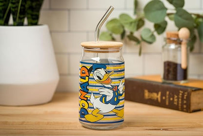 Silver Buffalo Disney Mickey and Friends Donald Duck Blue and Yellow Stripes Glass Jar Tumbler with Bamboo Lid and Glass Straw, 16 Ounces