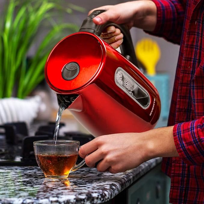 OVENTE Electric Kettle, 1.7L Stainless Steel Water Boiler and Heater with 1100W Power, Temperature Control, Keep Warm Function, Auto Shut-Off, Boil-Dry Protection and Cordless Serving, Red KS58R