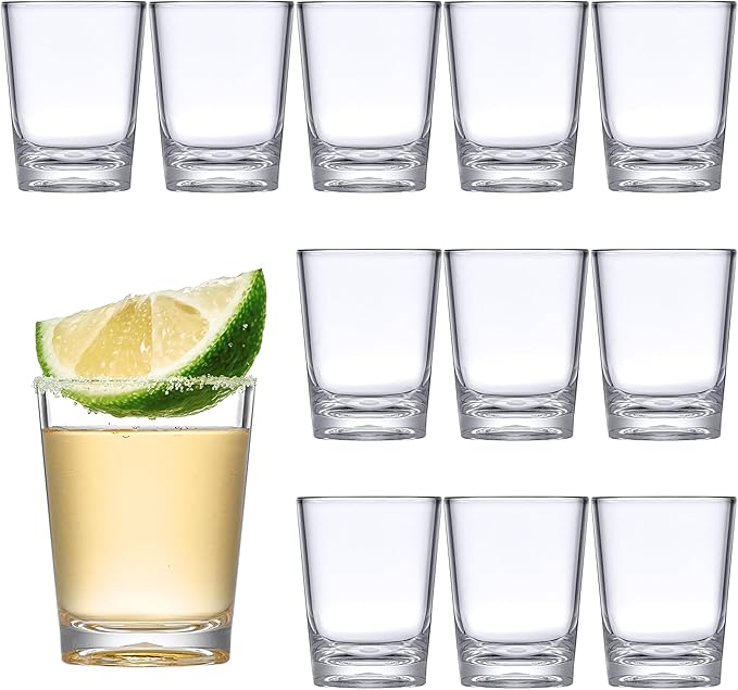 Amazing Abby - Sharon - 2-Ounce Plastic Shot Glasses (Set of 12), Clear Shot Glass Set, Reusable, BPA-Free, Shatter-Proof, Dishwasher-Safe, Perfect for Whiskey, Tequila, Vodka, Espresso, and More