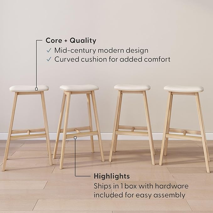 Plank+Beam Beryl Bar Height Stool - Mid-Century Modern Rubberwood Bar Stool with Faux Leather Seat, Metal Footrest, Easy Assembly, 4-Pack, Blonde/Sesame