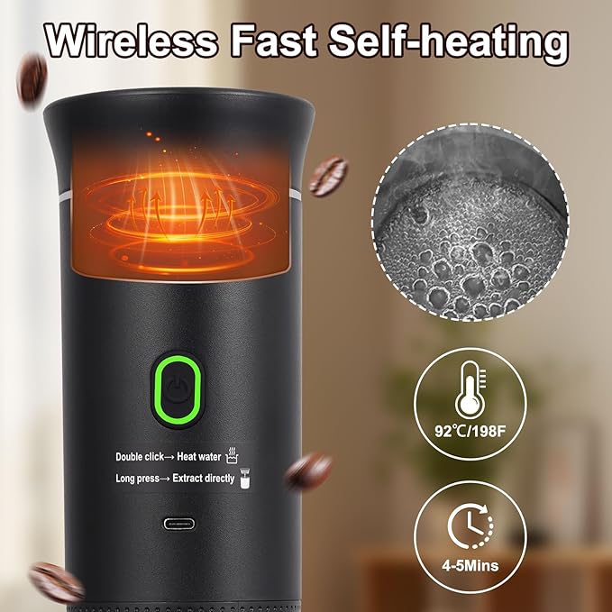 Portable Coffee Maker Set, Electric Espresso Machine & Manual Coffee Bean Grinder, Self-Heating Coffee Kit for Ground Coffee and Small & Big Capsules for Home Car Travel Camping Hiking