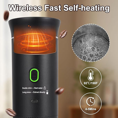 Portable Coffee Maker Set, Electric Espresso Machine & Manual Coffee Bean Grinder, Self-Heating Coffee Kit for Ground Coffee and Small & Big Capsules for Home Car Travel Camping Hiking