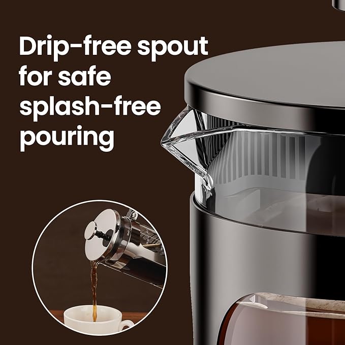 BAYKA 21 Ounce 0.6 Liter French Press Coffee Tea Maker Small, Heat Resistant Thickened Borosilicate Glass Stainless Steel Single Serve Brewer, Cold Brew Cafetera Teapot, Dark Pewter