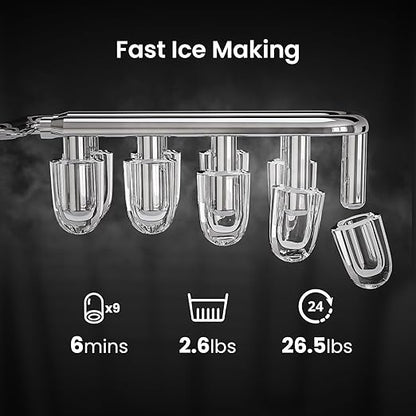 AGLUCKY Ice Makers Countertop with Handle,26.5Lbs/24H,9 Cubes in 6 Mins,2 Sizes of Bullet Ice,Portable Machine with Self-Cleaning,Perfect for Home Kitchen(White)