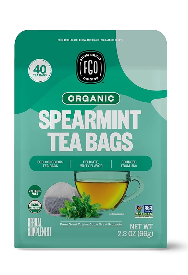 FGO Organic Spearmint Leaf Herbal Tea, 40 Count, Eco-Conscious Tea Bags, Caffeine Free, (Pack of 1)