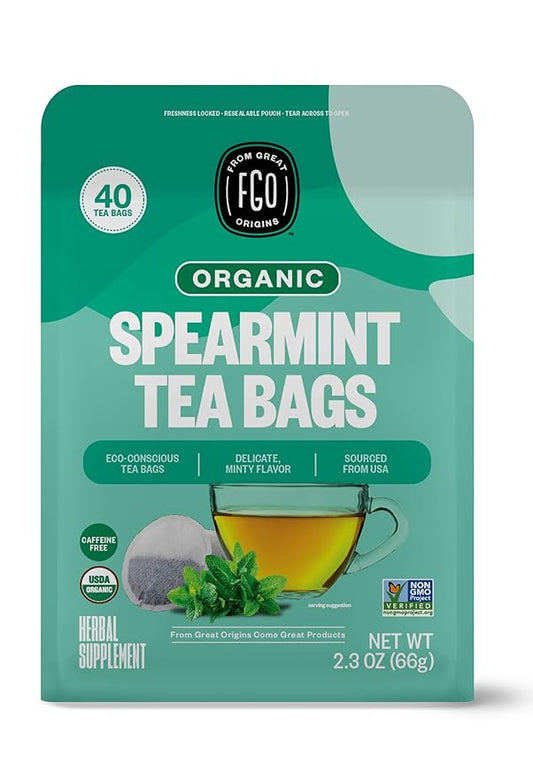 FGO Organic Spearmint Leaf Herbal Tea, 40 Count, Eco-Conscious Tea Bags, Caffeine Free, (Pack of 1)