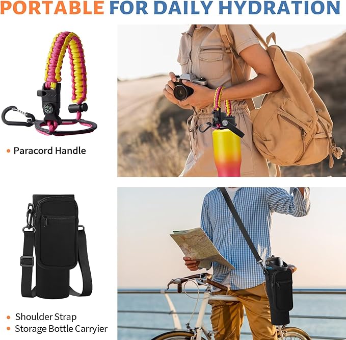 Water Bottle with Straw - 32 40 OZ Water Bottle that Fits in any Car Cup Holder, Water Flask with Straw & Spout Lids, Paracord Handle, Insulated Water Bottle for Travel Gym Office Women