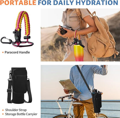Water Bottle with Straw - 32 40 OZ Water Bottle that Fits in any Car Cup Holder, Water Flask with Straw & Spout Lids, Paracord Handle, Insulated Water Bottle for Travel Gym Office Women