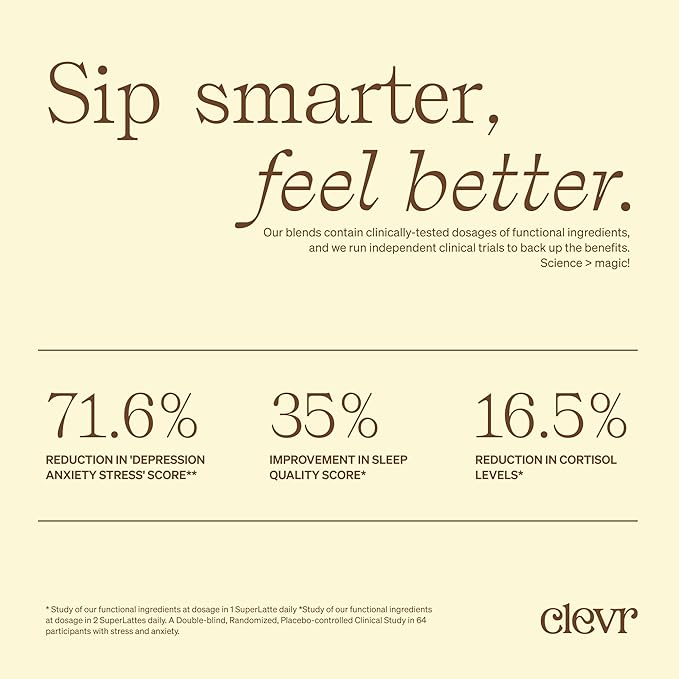 Clevr Blends Mushroom Coffee Latte, Instant Powder with Oat Milk, Lions Mane, Reishi Mushroom, Arabica Coffee Beans Medium Roast Fair Trade, Coconut Cream, Ashwagandha, Serve Hot or Iced, (14 Lattes)