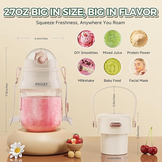 Portable Blender, Prasky Personal Blenders for Shakes and Smoothies with 27oz Cup, Lid and Shoulder Strap, Type-C USB Rechargeable, Personal Size Blenders BPA-free for Travel/Kitchen (Creamy Ivory)