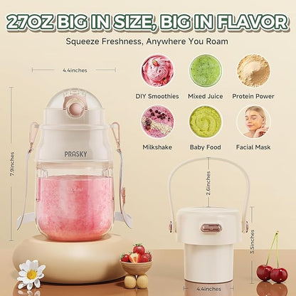 Portable Blender, Prasky Personal Blenders for Shakes and Smoothies with 27oz Cup, Lid and Shoulder Strap, Type-C USB Rechargeable, Personal Size Blenders BPA-free for Travel/Kitchen (Creamy Ivory)