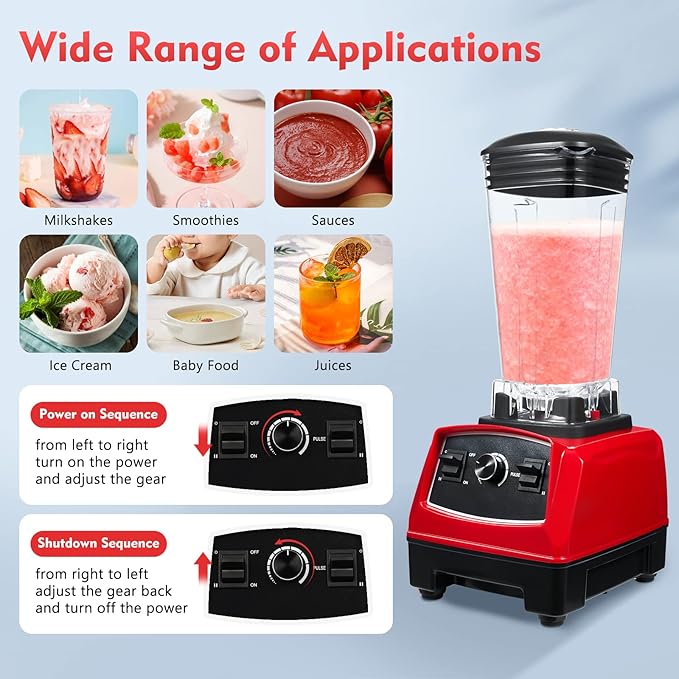 2L 2200W Professional Countertop Blender Heavy Duty Household Grade Blender Mixer with Food Grade ABS Stirring Rod for Milkshakes and Ice Cream (red)