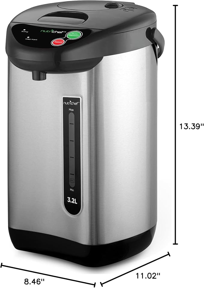 NutriChefKitchen Hot Water Urn Pot Insulated Stainless Steel,Auto & Manual Dispense,Auto Boiler,Safety Lock Shutoff 3.38 QT /3.2L - Auto Boiler Shut Off -One size