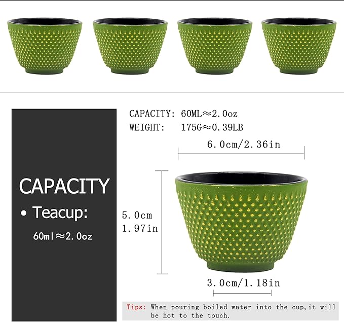 Japanese Cast Iron Tea Cups, Small and Heavy Teacups with no Handles, Japanese Style Cup for Adults, Asian Teacups, Coated with Enameled Interior, 4 Pcs/Box (Green, 2oz/60ml)