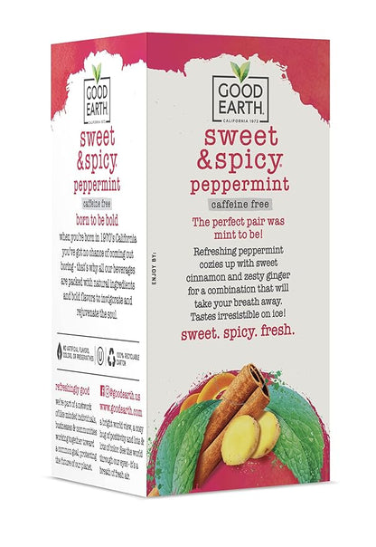 Good Earth Sweet & Spicy, Caffeine Free Peppermint Herbal Tea, Black 18 Tea Bags (Pack of 6)