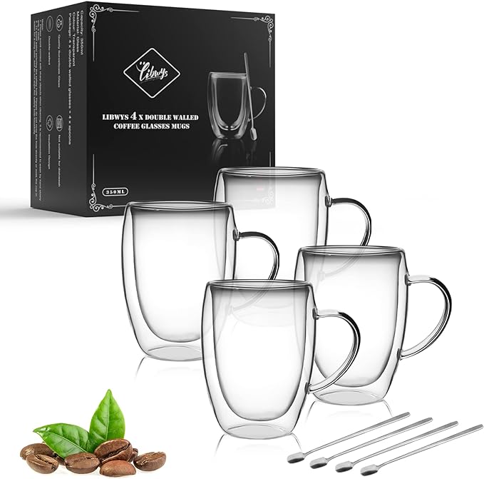 LIBWYS 4 Pack Double Walled Coffee Cups Glasses Mugs 12oz, Espresso Cappuccino Latte Tea Cups with Handle, Heat Resistant Borosilicate Clear Glasses 350ml