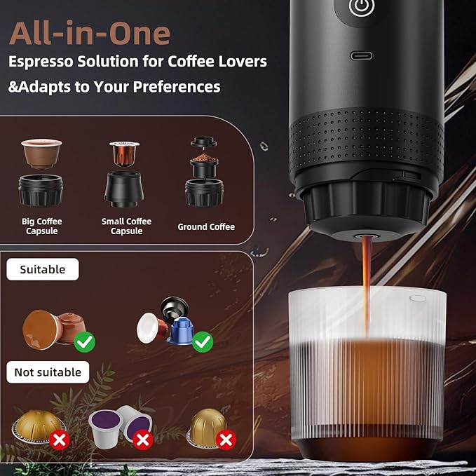 Portable Coffee Maker for Travel & Camping, Portable Espresso Maker for Travel, Rechargeable Cordless Battery Operated Coffee Makers for Ground Coffee, NS Capsule RV, Hiking, Office(Black)