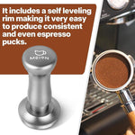 Load image into Gallery viewer, MEION Espresso Tamper 51mm Coffee Tamper, Calibrated Dual Spring Loaded Barista Tamper with Stainless Steel Base, Comes with aluminum storage pad (51MM, Silver)