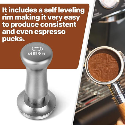 MEION Espresso Tamper 49mm Coffee Tamper, Calibrated Dual Spring Loaded Barista Tamper with Stainless Steel Base, Comes with aluminum storage pad (49MM, Silver)