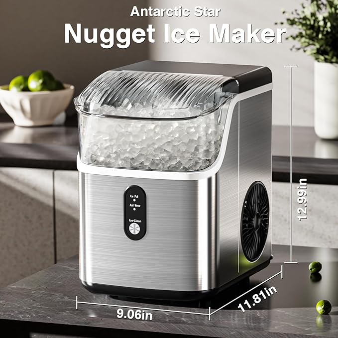 Antarctic Star Nugget Ice Makers Countertop, Pebble Ice Machine with Chewable Pellet Ice, 34Lbs/24H, Self-Cleaning, Sonic Ice, One-Click Operation, for Kitchen,Office Stainless Steel Silver