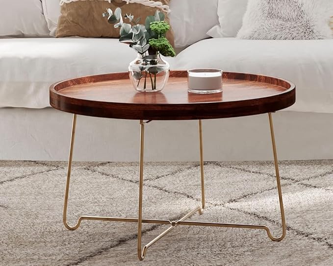 East at Main Aria 30" Round Mango Wood Tray Top Coffee Table with Metal Base – Handcrafted Farmhouse Coffee Table for Living Room