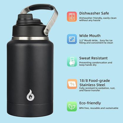 BJPKPK 64oz Insulated Water Bottles, Dishwasher Safe Half gallon Water Bottle with Metal Handle, BPA Free Spout Lid & Detachable Bowl, Large Stainless Steel Jugs, Black