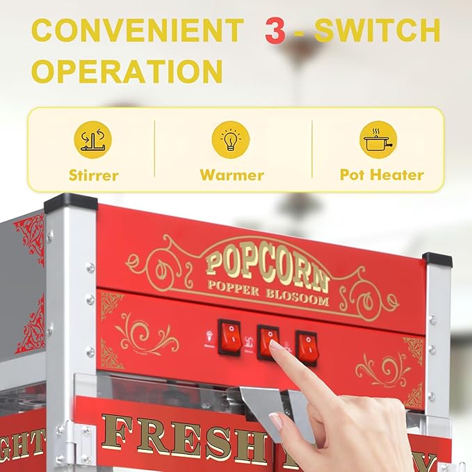 Popcorn Maker with Cart & 20oz Kettle, Antique Style Popcorn Maker on Wheels with 16" Tires & Storage Cabinet, Mobile Popcorn Popper Machine for Theater, Carnival, Home Party, Red