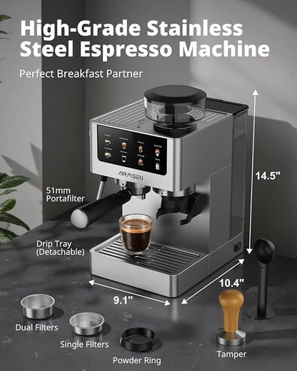 AIRMSEN Espresso Machines with Burr Grinder, 20 Bar, Milk Frother Steam Wand, Stainless Steel Coffee Maker for Home - Cappuccino Latte & Cold Brew Iced Coffee Maker & Americano