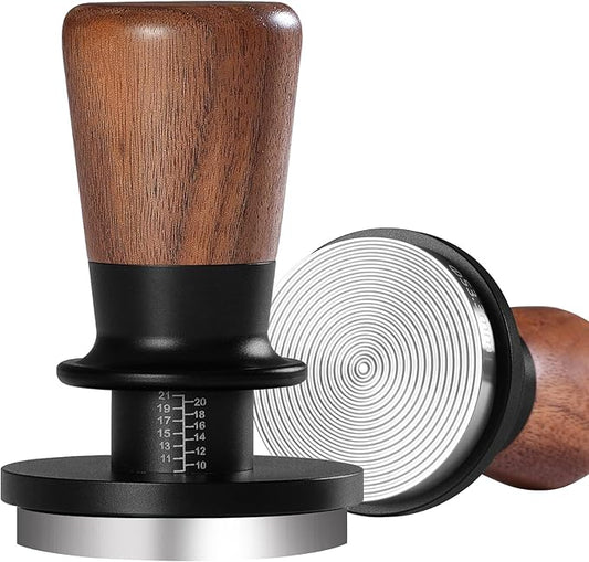 PUSEE 53.3mm Espresso Tamper, Calibrated Tamper with 30lbs Double Spring Loaded Tamper Walnut Wood Coffee Tamper for Barista Home,Stainless Steel Base Tamper Espresso Tool Fits 54mm Portafilters
