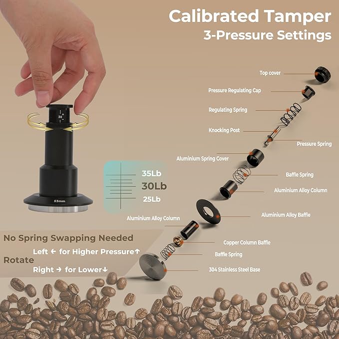 Coffee Tamper 53mm, Spring Loaded Espresso Tamper with 25lb/30lb/35lb Calibrated Springs, Sound Feedback & Ripple Base for Even Extraction, Espresso Accessories