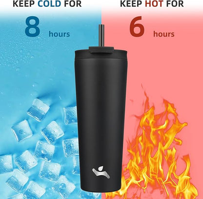 26 OZ Insulated Tumbler with Lid and 2 Straws Stainless Steel Water Bottle Vacuum Travel Mug Coffee Cup,Black