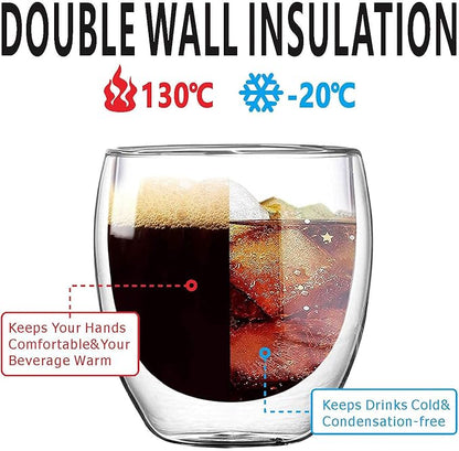 5.5oz Glass Coffee Mugs Set of 2, Double Walled Espresso Cups for Latte Cappuccino Cocoa Milk Cafe Juice, Clear Glass Tea Cup Set Glassware Gift for Christmas Birthday