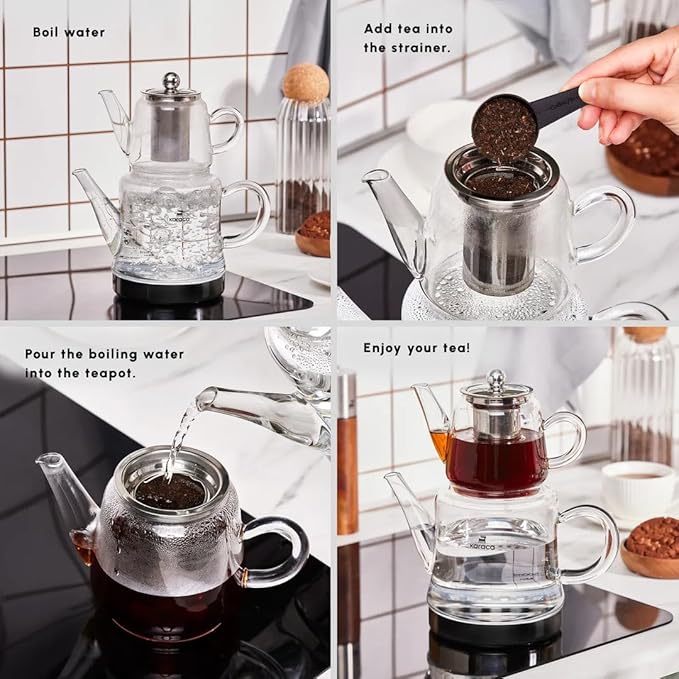 Karaca Dora Teapot Set, Glass, Tea Pot 0.45 L, Kettle 1.8 L, Silver, Transparent, Tea Maker, Turkish Tea Kettle, Tea Maker