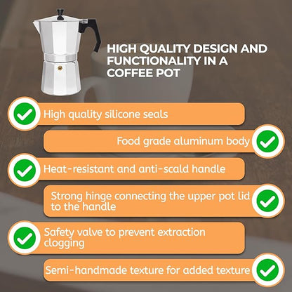 Aluminum 3 Cup 150ml Moka Pot Express Coffee Maker Stovetop Espresso Percolator Coffeemaker Italian Classic Style Brewing Greca Cafe Mocha Machine for Cafeteras Lover Camping Travel and Home Use 5oz