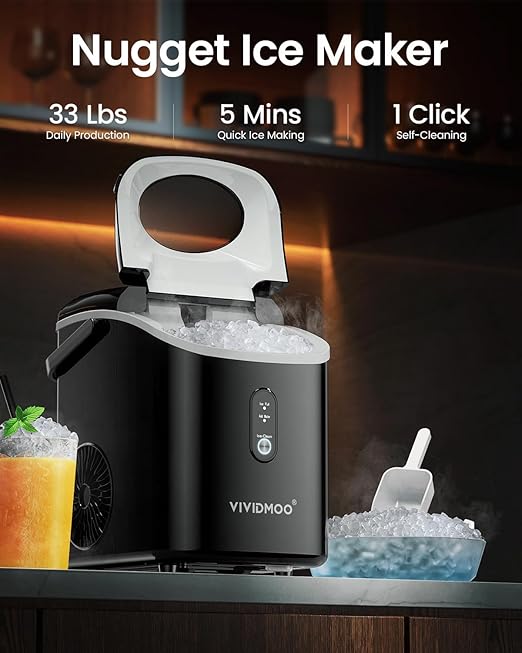 Nugget Ice Maker Countertop, 34lbs/Day, Portable Sonic Pebble Ice Maker with Self-Cleaning, Fast Ice in 6 Mins, Compact Crushed Pellet Ice Machine for Home/Office/Kitchen/RV/Camping, Black