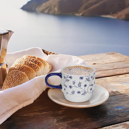 Schliersee 12 OZ Stackable Ceramic Coffee Mugs set of 6, Geometric Floral Pattern Small Mug, Blue White Porcelain Coffee Mug, Stacking Coffee Mugs, Tea Mug, Water Cup, Dishwasher Safe, Microwave Safe