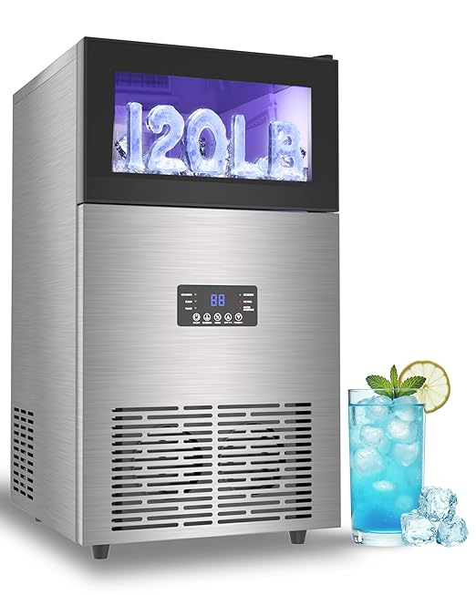 Commercial Ice Maker Machine 120LBS/Day, Undercounter Ice Makers 40Lbs Storage Bin and 45 Ice Trays, Outdoor Ice Maker Brushed Metal with Water Line, Ice Scoop, for Home, Bar, Party