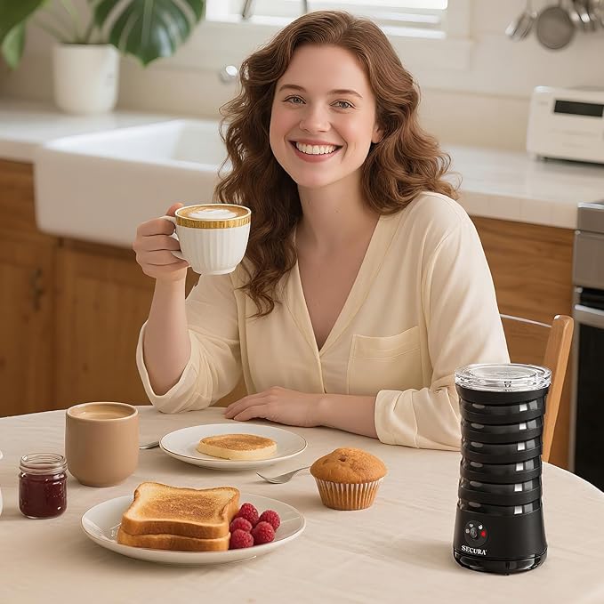Secura Electric Milk Frother, Automatic Milk Steamer, 4-IN-1 Hot & Cold Foam Maker-8.4oz/240ml Milk Warmer for Latte, Cappuccinos, Macchiato with Silicone Spatula, Quiet Operation & Shut-off (Black)